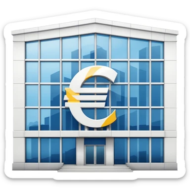 a white bank building with a large euro logo on it sticker