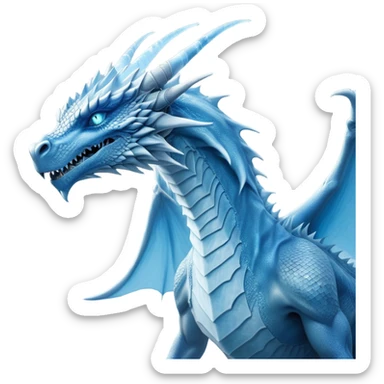 Cinematic Noble wise elegant Ice Dragon Portrait Emoji, Poised and imposing, distinct long elegant snout, with a slender, scaled body shimmering in glacial hues of icy blue, frostbitten silver, and crystalline white, breathing out frost, with piercing, glowing ice blue white eyes that radiate the chilling depths of an arctic storm; rendered in detail. excuding wisdom sticker