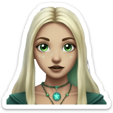 blonde witch girl with green eyes and straight hair with a birthmark above her upper lip wearing a necklace in a form of pentacle with a small blue stone inside doing tarot spread  sticker