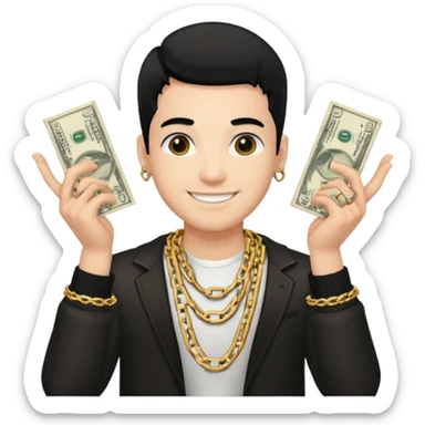 Has un chico con mucha plata en sus manos y en su alrededor, Con una cadena que diga "JovenBallin" y que tenga pelo negro y sea piel blanca sticker