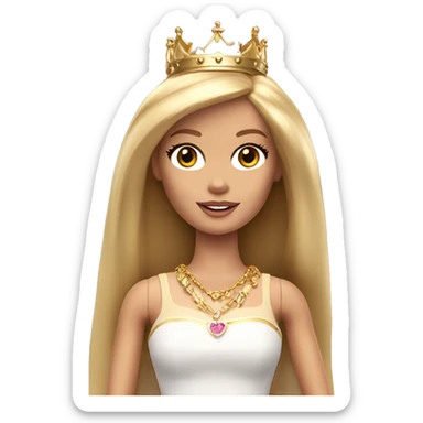 Blonde Barbie with bangs and long straight hair and hazel eyes wearing a gold crown sticker