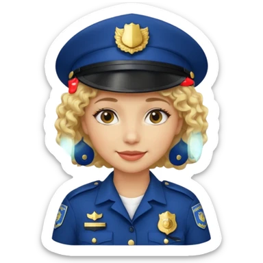 A light-skinned woman with short curly blonde hair, wearing a navy police hat with a badge, and a calm smile. sticker