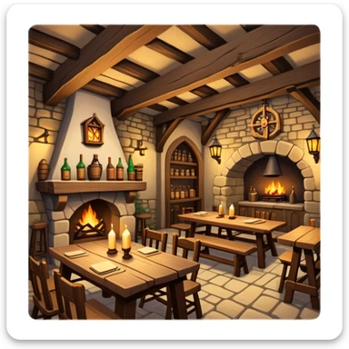 cozy medieval fantasy tavern with wooden beams, fireplace, and tables where adventurers gather sticker