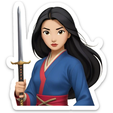 Cinematic Realistic Mulan Portrait, depicted with lifelike skin texture, soft natural lighting, and intricately detailed long black hair styled elegantly. Her deep, expressive eyes exude determination and grace, complemented by a serene yet confident expression. She stands with one hand resting on the hilt of her sword, the other by her side, exuding strength and poise. She is dressed in her classic attire, with rich fabric textures and delicate folds that catch the light beautifully. The portrait features a soft, enchanting glow with a natural, radiant finish, capturing the essence of timeless strength and beauty in a realistic and painterly style, evoking a sense of depth and authenticity. sticker