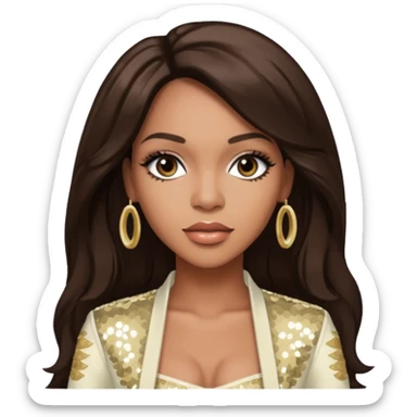 Farrah Franklin from Destiny's Child with long dark brown hair, ivory sequin outfit sticker