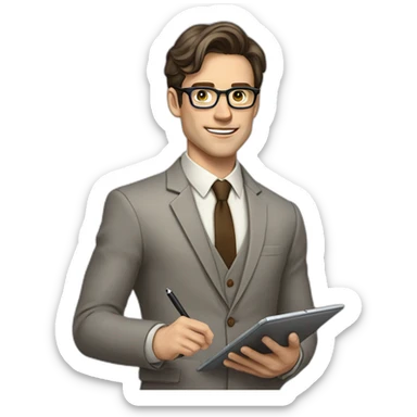 Pale skinned fit man with dark brown hair in gray jacket, beige office shirt, brown tie, brown pants and vintage glasses Writing on the tablet sticker