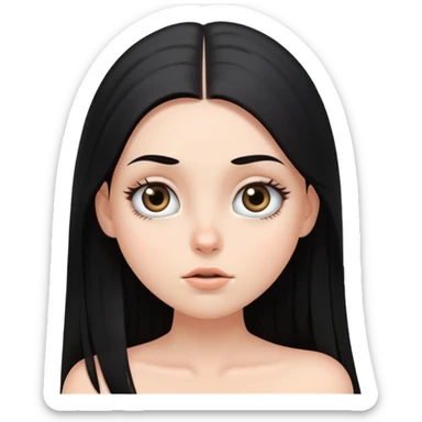 White girl face closeup with huge round eyes, long straight black hair falling in front of her bare shoulders, face closeup sticker