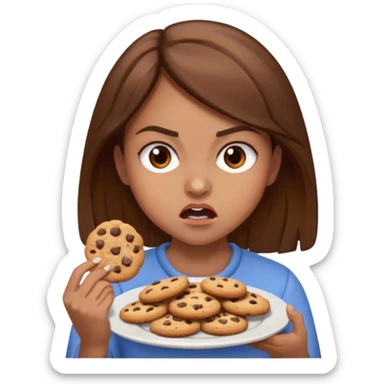 Angry girl brown hair that’s eating a plate of cookies sticker