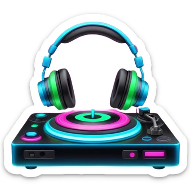 Create a dynamic and modern emoji that represents electronic music and DJing. The design should feature a turntable, DJ headphones, and glowing sound waves or a waveform, symbolizing the energy of mixing and electronic beats. Incorporate vibrant neon colors (e.g., electric blue, neon pink, or green) to represent the futuristic and pulsating nature of electronic music. The background should be transparent, with subtle details of flashing lights or abstract patterns to evoke the nightclub or festival atmosphere. sticker