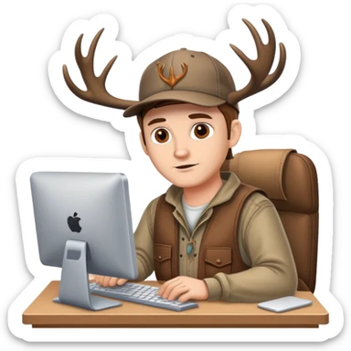 White Guy works at computer with the cap and deers antlers, redneck clothes, brown eyes  sticker