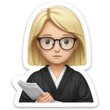 Young judge, blonde hair with glasses and robe, hold a paper sticker