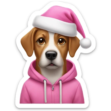 Dog wearing a pink hoodie and a pint Santa hat sticker