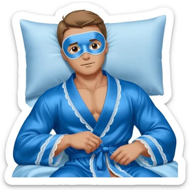 muscular man body silk lace blue robe model wearing sleepmask sticker