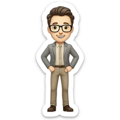 Joyful Full height Pale skinned Fit Man With dark brown hair in gray jacket, beige office shirt, Brown pants and vintage glasses. His thrumbs up sticker