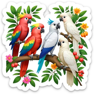 Close-up collage of vibrant Ara parrots and Inca cockatoos sitting on tree branches, surrounded by lush greenery. Bright colors of the birds stand out against a natural, sunny background of trees, flowers and fruits. Transparent background. sticker
