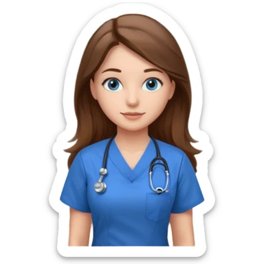 university classroom that says nursing school on the blackboard with a pretty female nursing student with long brown hair, blue eyes sticker