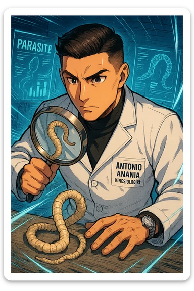 A dynamic manga/webtoon-style illustration of a young male kinesiologist wearing a clean white lab coat, analyzing light beige worms like a tapeworm under a magnifying glass. His expression is focused and slightly intrigued, with sharp, detailed eyes. The art style is vibrant, with bold linework, rich colors, and dramatic lighting. The background is a futuristic laboratory with glowing holographic screens displaying parasite data. The tapeworm is intricately drawn, slimy and segmented, with a slightly exaggerated yet realistic texture. The composition is dynamic, with motion lines or energy effects to emphasize his scientific investigation. The atmosphere is intense but not dark, keeping a balance between scientific seriousness and stylish manga aesthetics, he has "ANTONIO ANANIA" WRITTEN ON WHITE LAB COAT sticker