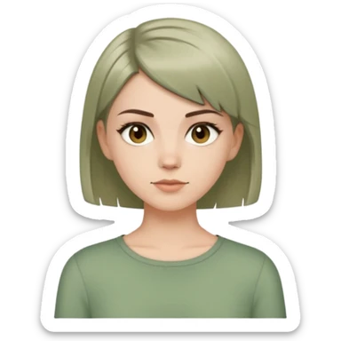 White girl with short wolfcut hairstyle, brown eyes, straight hair, wearing a sage green top sticker