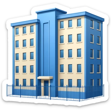 blue rectangular 9-story apartment building surrounded by fence, closed courtyard, minimal flat vector icon sticker