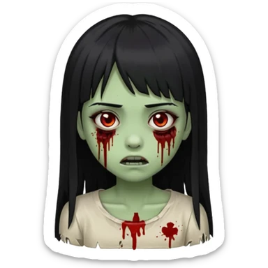 Emoji de uma garota com os cabelos longos, lisos e pretos. Ela usa uma franja curta que cobre toda a sua testa. Tem a pele esverdeada e ferimentos no rosto cobertos com sangue, usa uma blusa branca rasgada e suja de poeira. Ela é uma zumbi sticker