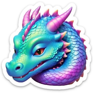 Meme-Worthy Cute Sleeping Dragon Portrait Emoji, Head resting peacefully with a contented smile, showcasing a sinuous, graceful build and a luxuriously soft, iridescent scaled body, eyes gently closed in serene, magical slumber, Simplified yet hilariously adorable features, highly detailed, glowing with a soft, drowsy mystical light, high shine, relaxed and utterly lovable, stylized with an air of playful fantasy, soft glowing outline, capturing the essence of a sleeping dragon that feels destined to become the next viral sensation of enchanted rest! sticker