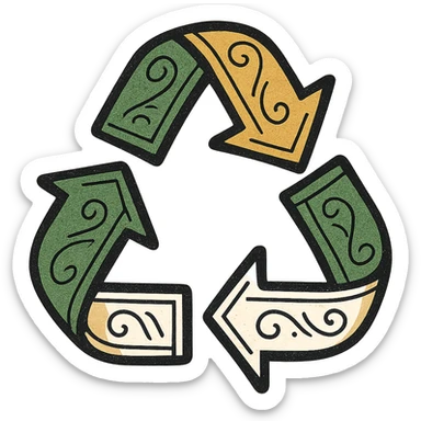 recycling arrows, classic look, green gold and white color scheme, elegant lines, decorative details sticker