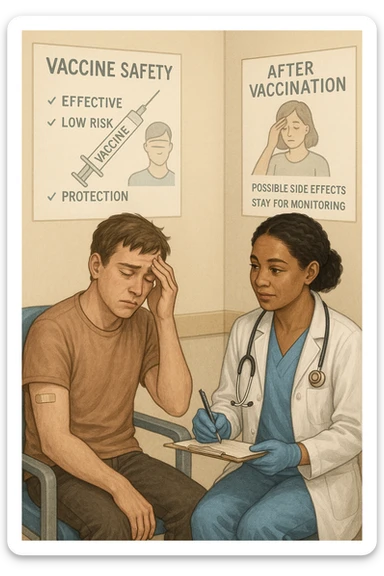 Vertical, educational medical illustration: a healthcare professional observes a patient who appears unwell after receiving a vaccine. The patient sits in a clinic chair, showing mild symptoms such as fatigue or headache, while the professional takes notes and offers reassurance. The background includes educational posters about vaccine safety and monitoring. realistica sticker