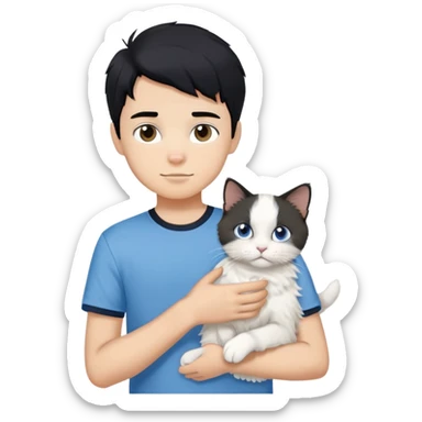 teenage boy with black hair wearing blue short sleeve shirt holding a white ragdoll cat sticker