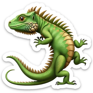 cinematic-iguana-realistic-full-body-basking-emoji,-long-scaly-body-stretched-out,-spiny-ridge-running-down-its-back,-textured-green-and-brown-skin-dappled-with-light,-sharp-intelligent-eyes-studying-the-surroundings sticker