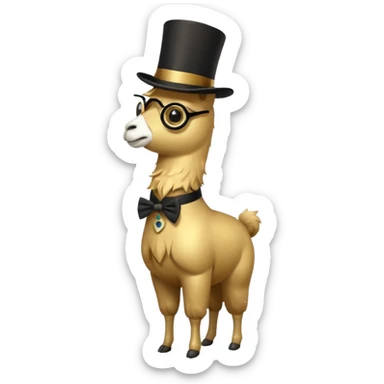 A small golden llama silhouette wearing a black top hat and a single eye monocle, full body shot sticker