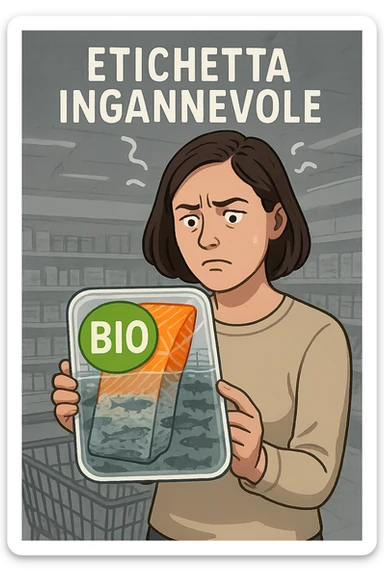 Scena in un supermercato moderno: uomo o donna tiene in mano una confezione di salmone etichettata 'BIO', con un grande bollino verde. Ma in trasparenza, dietro l’etichetta, si intravede un allevamento intensivo di salmoni in gabbie marine, acqua torbida e pesci ammassati. Espressione del cliente confusa e sospettosa. Sopra la testa, testo simbolico fluttuante: 'Etichetta ingannevole'. Colori contrastanti: confezione brillante ma realtà di fondo grigia e artificiale. Stile realistico con elementi simbolici forti sticker