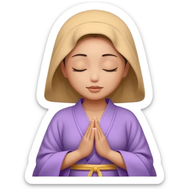 meditating woman's face, eyes closed, with a lavender Buddhist robe sticker