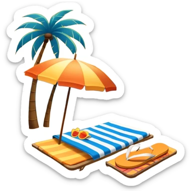 Icon for Beach Tourism: with the blue ocean, orange sunset, yellow sand beach and palm trees in the background, a sun umbrella, flip-flops, and a beach towel on the sand. The icon should represent relaxation and fun at the beach. Transparent background sticker