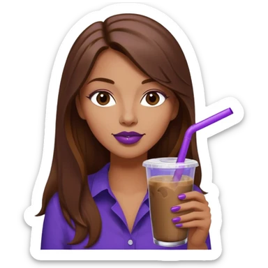 girl with long brown hair and wine lipstick drinking a blueberry butter pecan iced coffee with a purple straw  sticker