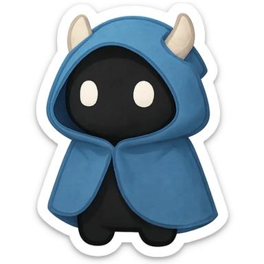 cute figure with a blue cloak, black body, white eyes, little horns visible beneath the hood sticker