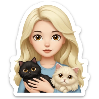 A white girl with brown eyes and black hair long downward wave is holding her blonde persian cat sticker