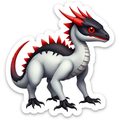 a white exotic edgy vernid-fionbr-Fakémon-creature, with black belly and red eyes, full body sticker