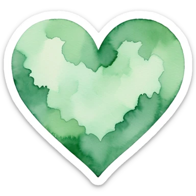 minimalist watercolor heart icon, monochromatic green washes, soft bleeding edges, on textured white paper, serene and emotional, perfect for app icon, transparent background, flat lay --style raw --stylize 150 sticker