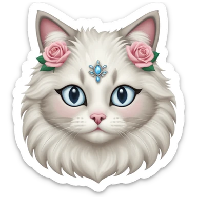 Neva masquerade cat, very fluffy, gray and white, with pale blue eyes and rose nose sticker