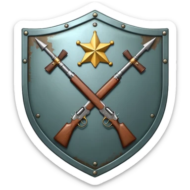 Insignia militar realista para videojuegos de guerra (estilo Battlefield), forma de escudo metálico con bordes desgastados. Incluye:

Símbolo: [fusiles cruzados / águila / estrellas / espada] sticker
