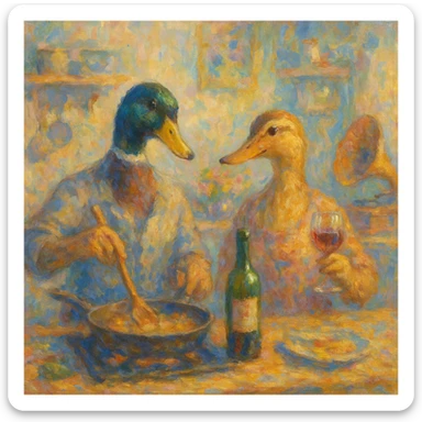 Monet-inspired impressionist scene, 4:3 aspect ratio, male and female duck cooking together, drinking wine, listening to music, impressionist brushwork, soft pastel colors, lively kitchen atmosphere sticker