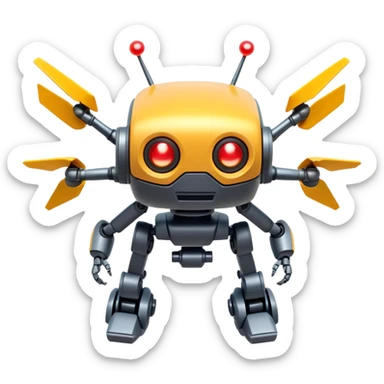 Clash of Clans aesthetic: Cinematic Playful 3D Isometric Robot Drone Emoji, rendered in a 3D vector-style similar to standard emojis with minimal shading and bold, simplified shapes. A compact, distinct form with signature details, softly glowing with a futuristic sci-fi warfare charm. Simplified yet unmistakably iconic, highly detailed and consistent, glowing with a soft radiance and high shine. Stylized with a touch of high-tech brilliance and a soft glowing outline, capturing the essence of a beloved gaming relic with a friendly, playful manner! sticker