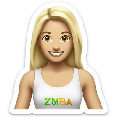 Blond smiling and dancing girl with Zumba logo on white t-shirt sticker