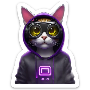 cat wearing a black hoodie with "OMG" letters on it and VR headset in a cyberpunk VR environment with violet neon lighting. sticker