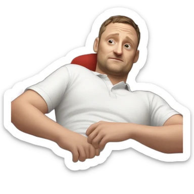 tim robinson very tired laying down on a red couch in a white polo shirt, chest up clean shaven, laying flat across couch sticker