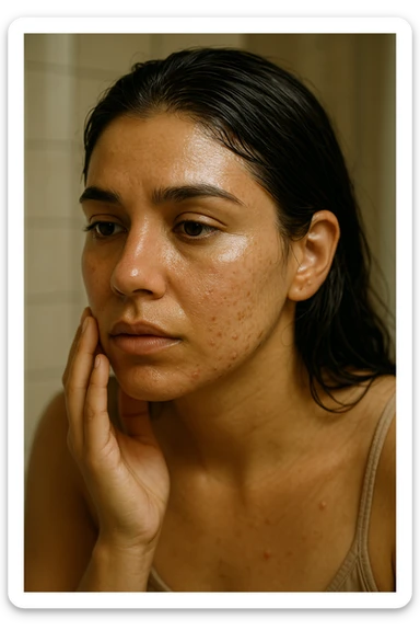 A highly realistic, cinematic close-up portrait of a young woman in her late 20s with medium skin tone, showing visible oily skin and enlarged pores on her cheeks, nose, and forehead. Her skin has a noticeable shiny appearance due to excessive sebum production, and small acne spots are visible along her jawline and chin, indicating hormonal imbalance. Her dark hair appears greasy, clumping in some areas near her scalp, emphasizing unwashed, oily hair due to overactive sebaceous glands caused by PCOS. The woman looks at herself in the mirror with a tired yet hopeful expression, gently touching her cheek with her fingertips as she observes her skin condition. The setting is a softly lit bathroom with natural daylight, and the reflection shows the detail of her skin texture and greasy hair strands. Style: 35mm hyperrealistic film, warm neutral tones with soft depth of field, focusing on the oily skin texture, visible pores, and greasy hair to clearly illustrate the visual symptoms of PCOS. in italiano sticker