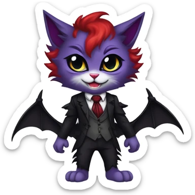 Anthro-Cute-Evil-Vampiric-Batty-Cat-Black-Purple-Red-Grey-White-Yellow-Contrast-Colors-Fantasy-Fur-Sona-Chibi-Shiny-Fakémon-Hybrid with horns and big fangs neck tie leg spats full body sticker