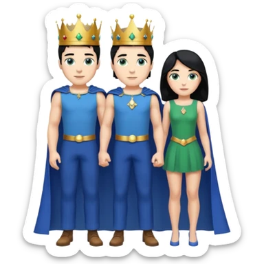 Prince with crown, blue cape and trousers, body and legs, black hair, blue eyes, woman blonde hair, green eyes, sexy white short sleveless dress,  sticker