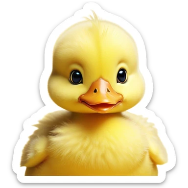 Cinematic Cute Yellow Baby Duck Portrait Emoji, Head tilted playfully and inquisitively, featuring a fluffy, vibrant yellow downy coat with a tiny delicate beak, round, sparkling eyes filled with curiosity, Simplified yet irresistibly adorable features, highly detailed, glowing with a warm, friendly glow, high shine, affectionate and spirited, stylized with a touch of playful whimsy, bright and endearing, soft glowing outline, capturing the essence of a mischievous yet loving duckling, so playful it feels like it could peep out of the screen and into your arms! sticker