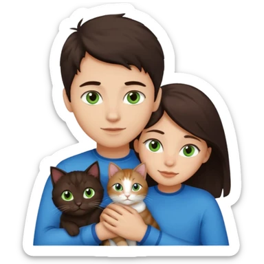 Crea un emoji donde salga un chico de pelo moreno con los ojos claros, una chica de pelo morena con los ojos marrones y UN gato europeo comun de pelaje oscuro y ojos verde claro, quiero que se esten abrazando el chico y la chica, y el gato este en el medio de los dos sticker